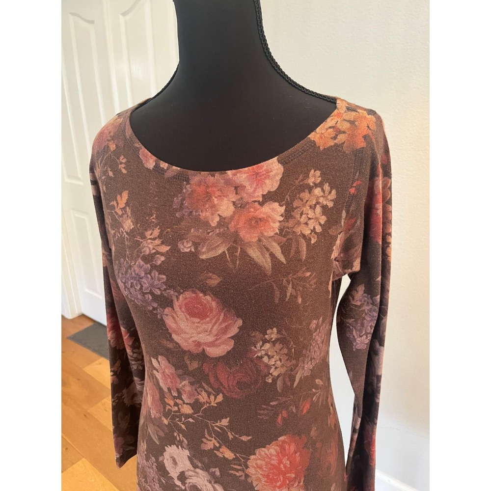 Muted Floral Knit Mini Dress Warm Tone Long Sleeve Scoop Neck Vintage XS - Picture 3 of 13